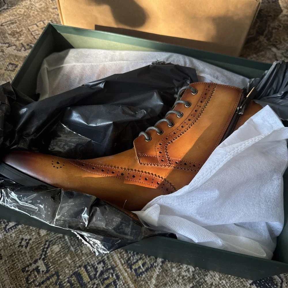 GIFENNSE Men's Wingtip Dress Boots Brown Size 12 Lace-Up Ankle Boots New Box